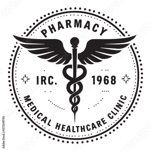 A golden caduceus medical symbol with wings and snakes, an emblem of health and pharmacy, on a blue background