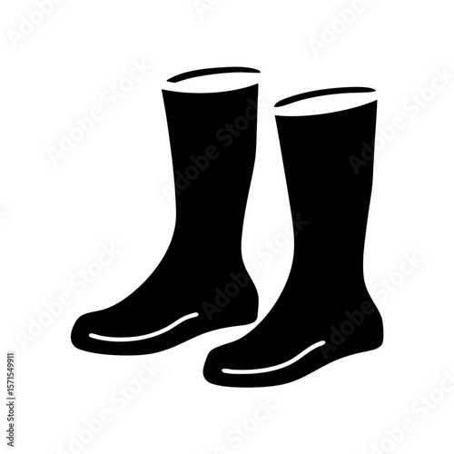 Pair of Black Rubber Rain Boots Isolated on White Background Silhouette Style