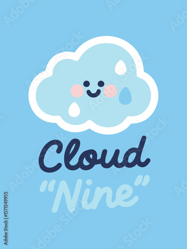 Cloud Nine with Happy Expression and Raindrops