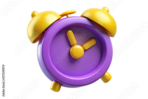 Cute 3d cartoon alarm clock with purple face and yellow bells isolated on transparent background