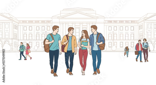 College students walking campus university education learning study group friend