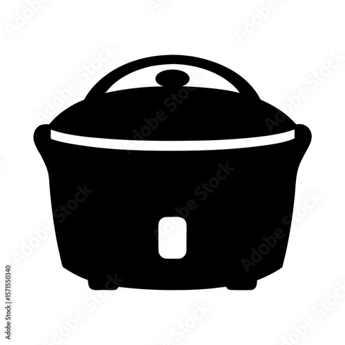 Black and white illustration of a rice cooker with handle and lid
