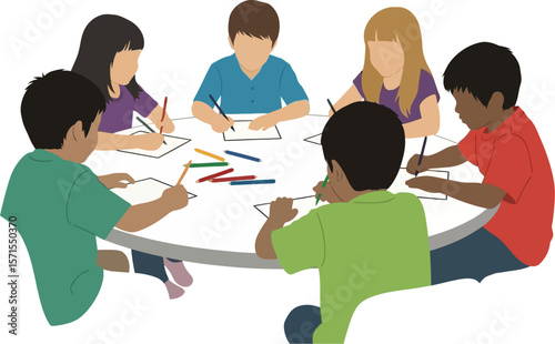 Children drawing together illustration art class kids circle table activity