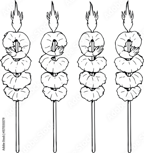 Striking silhouette vector depicting four vertical skewers, each adorned with three identical shrimp forms—tails elegantly curled upwards and positioned with rhythmic symmetry. 