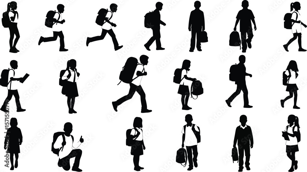 Naklejka premium Back to school silhouettes: kids students walking running with backpacks and books vector illustration 100