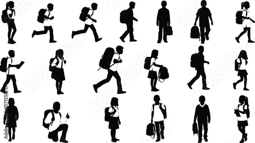 Back to school silhouettes: kids students walking running with backpacks and books vector illustration 100