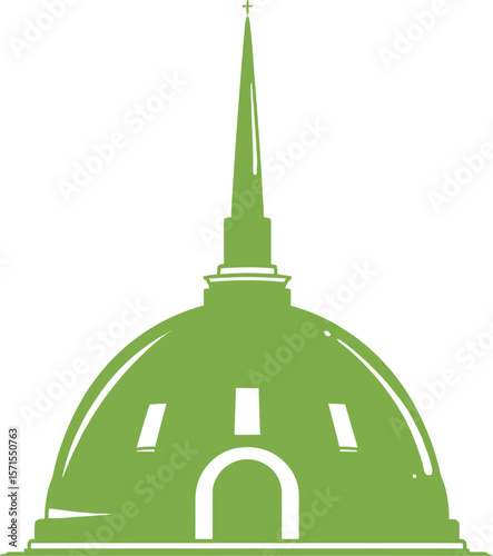 Green Dome Silhouette — Architectural Structure with Pointed Spire and Arched Entrance