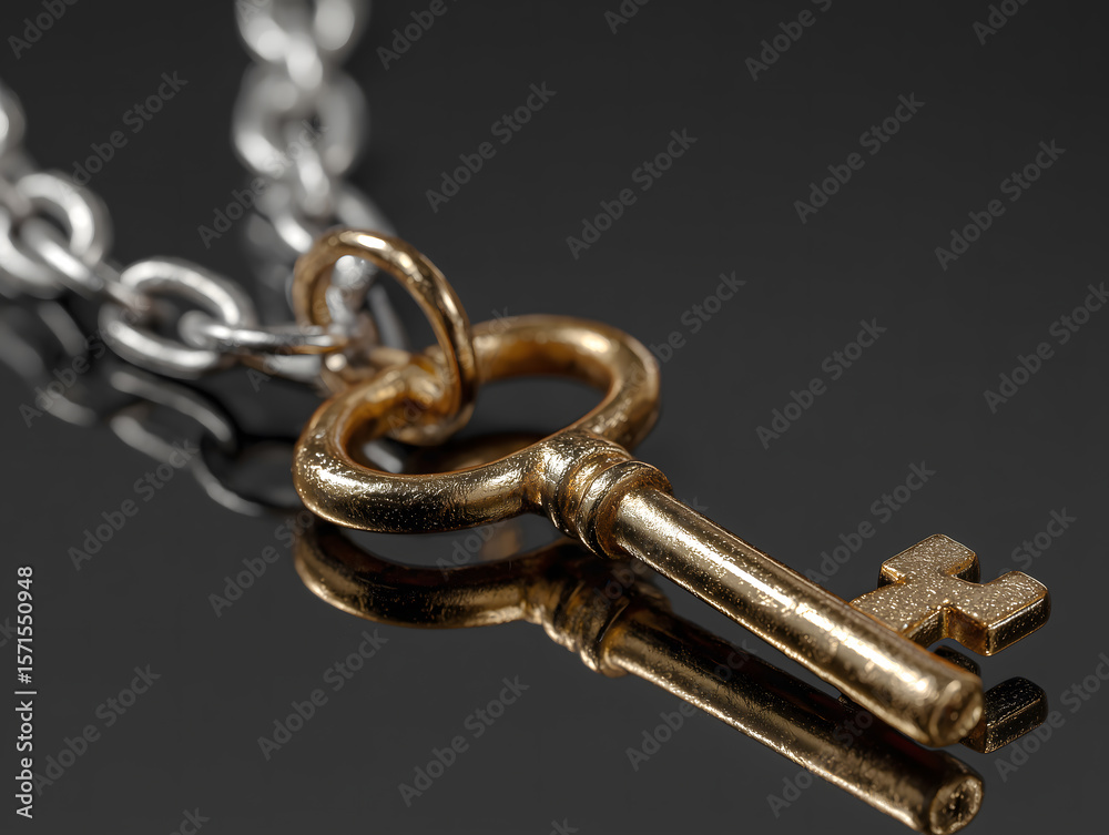 Obraz premium アンティーク調のゴールドキーとチェーンの接写イメージ