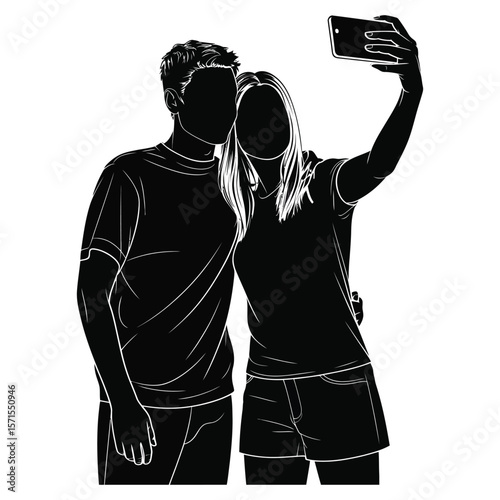 Black and white silhouette vector of three young friends joyfully taking a selfie with smartphone showing “YouthFriends” text
