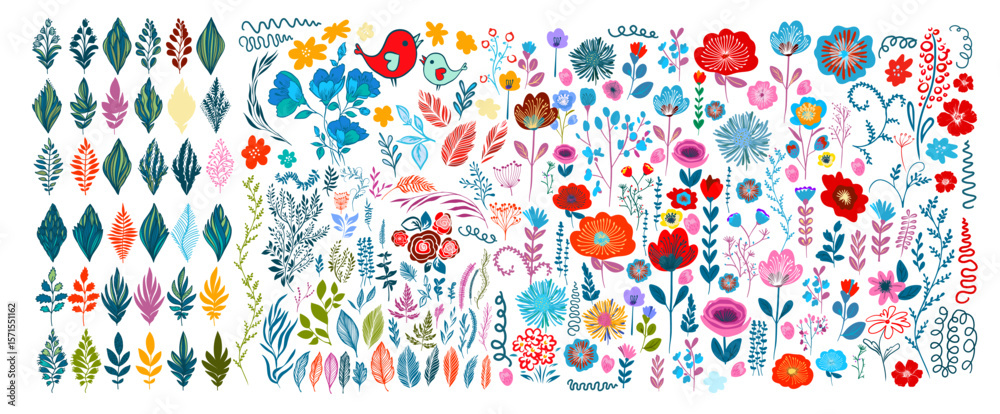 Obraz premium Set of different colored vector flowers . hand drawn. Not AI, Vector illustration.