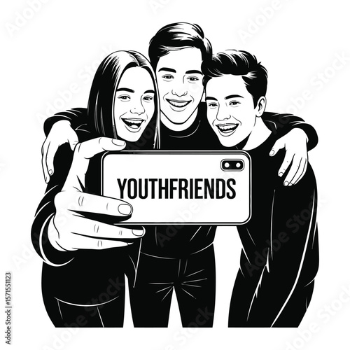 Black and white silhouette vector of three young friends joyfully taking a selfie with smartphone showing “YouthFriends” text