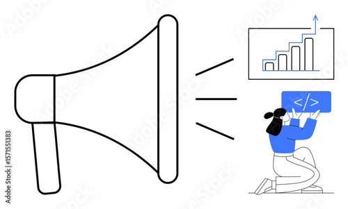 Large megaphone emitting sound waves, growth chart with upward trend, person holding code snippet. Ideal for marketing strategy, digital growth, analytics, communication, teamwork, education simple
