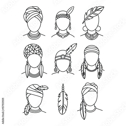 Black and white line vector of cultural diversity icons including headwrap, jewelry, and feather headdress on white background