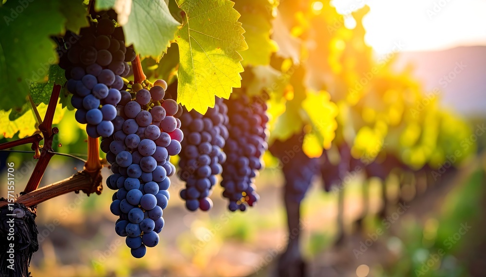 Naklejka premium Lush vineyard at sunset
