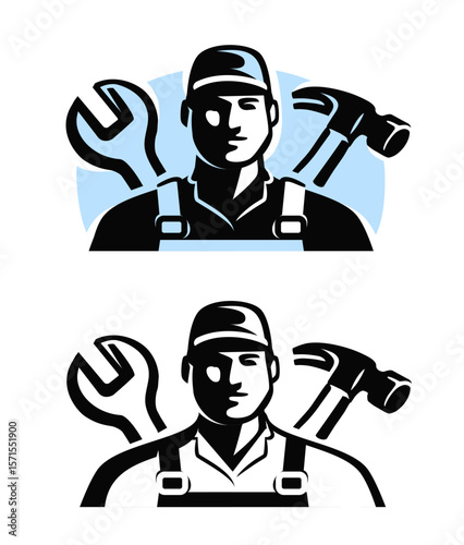 Construction worker with tools, hammer and wrench. Service work, repair emblem or symbol