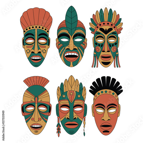 Clean vector illustration of mask bundle from African and Native cultures on black and white background