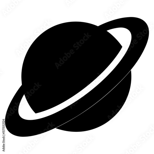 Black and white depiction of a ringed planet floating in space