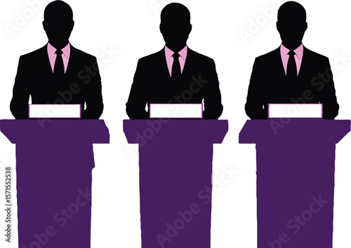 Formal Exchange — Silhouette Scene of Three Figures at Podiums with Microphones in Purple and Pink