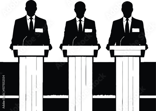 Public Discourse — Silhouette Scene of Three Suited Figures Behind Podiums with Microphones
