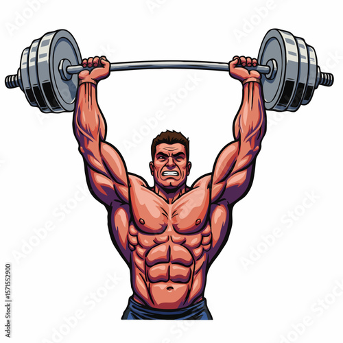 Strong muscular man with a determined expression lifting a heavy barbell overhead on a white isolated background