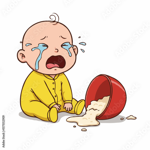 Sad cartoon baby crying loudly after spilling porridge from a bowl on a white isolated background with copy space