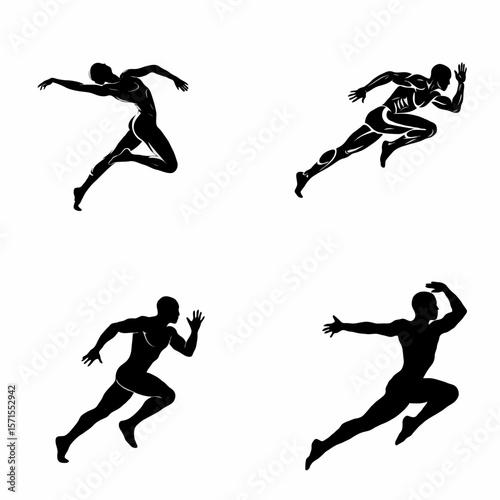 Set of dynamic runner silhouettes in a black and white tribal style representing speed, athletics, and motion