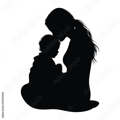 Emotional silhouette vector of mother holding child wrapped in blanket on black and white background