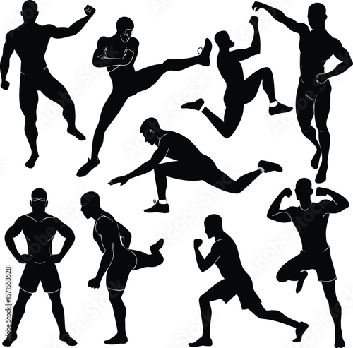 Silhouette of Athletic Men in Various Workout and Fitness Poses
