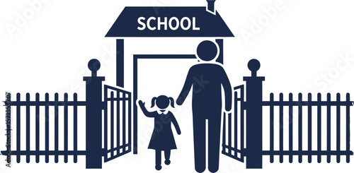 Back to school illustration with father and daughter going to school gate