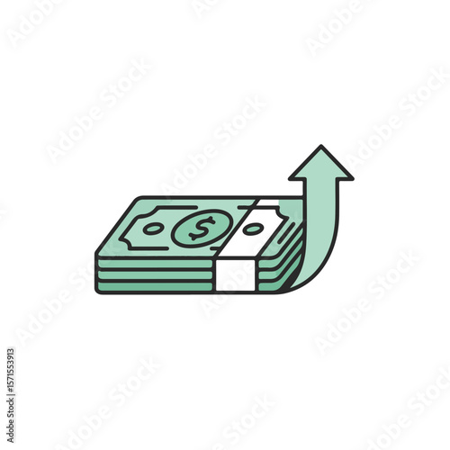 Stack of cash with upward arrow indicating growth.