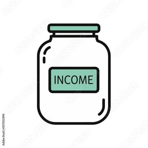 Savings and investment concepts illustrated with a money jar that says 'INCOME'. 