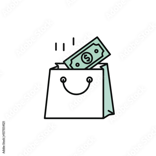 A minimalist illustration of a shopping bag with a dollar bill.