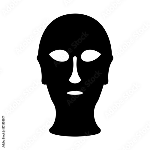 Monochrome stylized mask of a human face, simplified geometric design