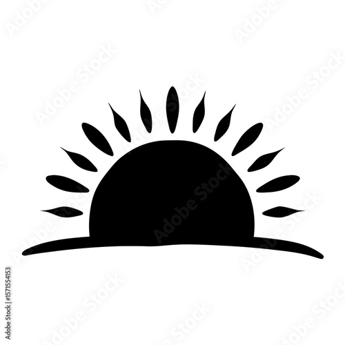 Minimalist black and white illustration of a rising sun over a hill