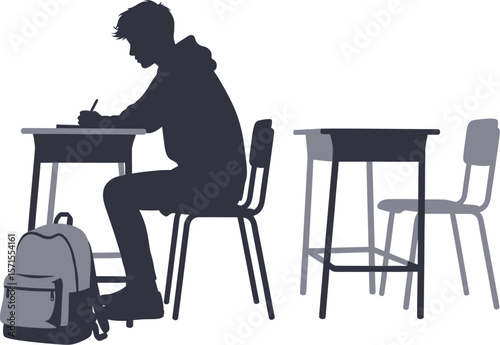 Student studying silhouette in classroom with desk and backpack illustration