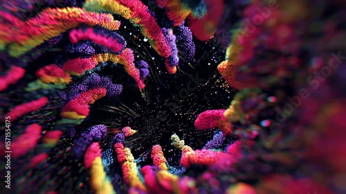 Dynamic abstract art featuring vibrant neon colors in a swirling, textured pattern. The intricate design creates a sense of movement and energy, resembling a cosmic or microscopic environment