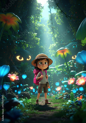 Cute Cartoon Explorer Girl in Enchanted Jungle with Glowing Flowers and Mysterious Eyes. Generative AI