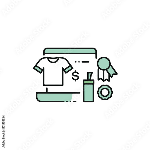 Icon of a t-shirt with a computer, a badge, a price tag, a tumbler