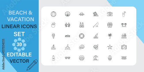 Beach Vacation Linear Icons Set for Summer Travel and Leisure Activities