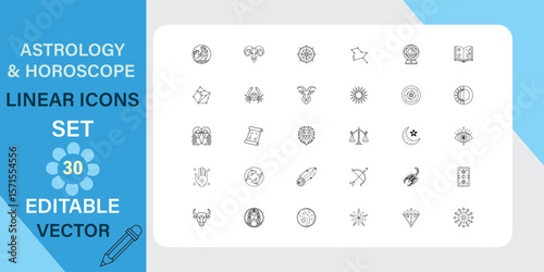 Astrology and Horoscope Linear Icons Set Editable Vector