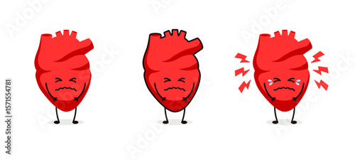 Three red cartoon hearts show sad and emotional expressions with unique features.