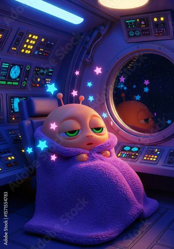 Cute Sleepy Alien Wrapped in Blanket Inside Cozy Spaceship with Colorful Glowing Stars. Generative AI