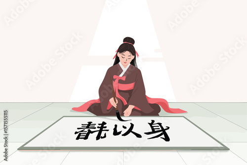 Elegant Woman in Traditional Hanbok Practicing Calligraphy
