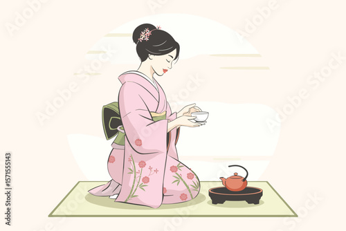 Elegant Geisha in Pink Kimono Enjoying Traditional Japanese Tea Ceremony