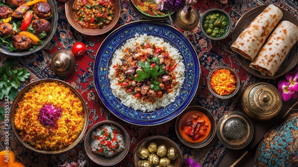 Colorful Array of Traditional Dishes on Middle Eastern Table