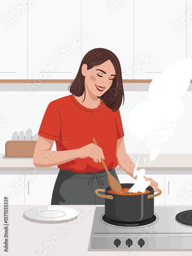 Happy Woman Cooking Delicious Food in Modern Kitchen - Flat Vector Illustration