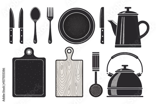 A set of black and white illustrations of kitchen utensils and cookware, isolated on white background
