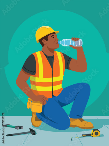 Construction Worker Taking a Hydration Break Vector Illustration