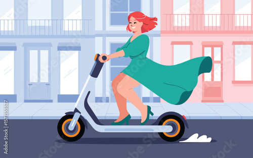 Woman in Green Dress Riding Electric Scooter in City