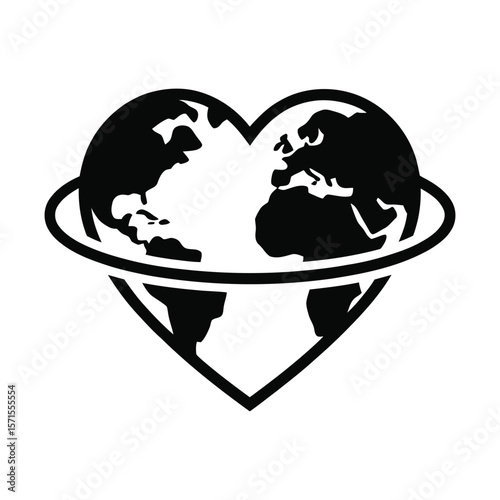 Minimalist vector icon of heart integrated with globe symbolizing humanitarian aid and global unity in black silhouette on white